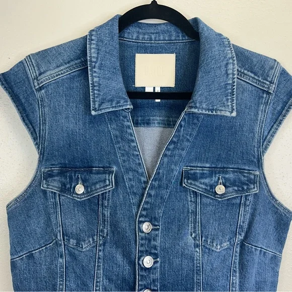 PAIGE Jaxson Blue Denim Mini Dress Womens 10 Vneck Cotton Pockets Classic - Picture 5 of 12
